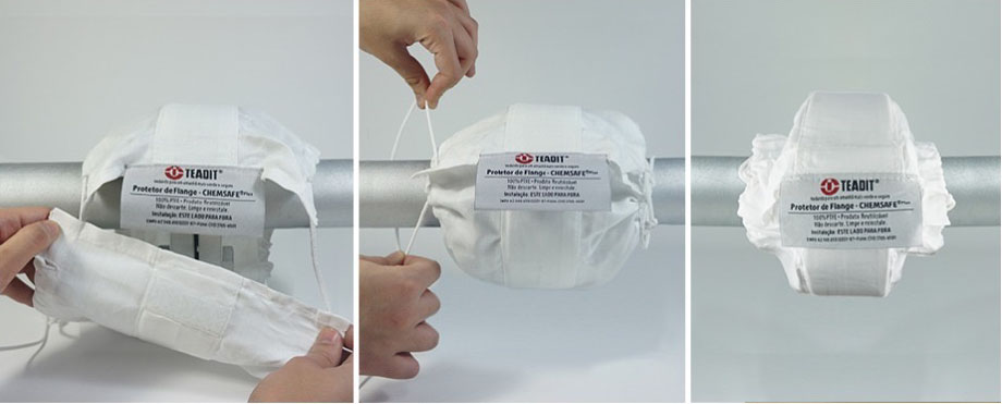 Aplicação de protetores de flange em ambiente industrial